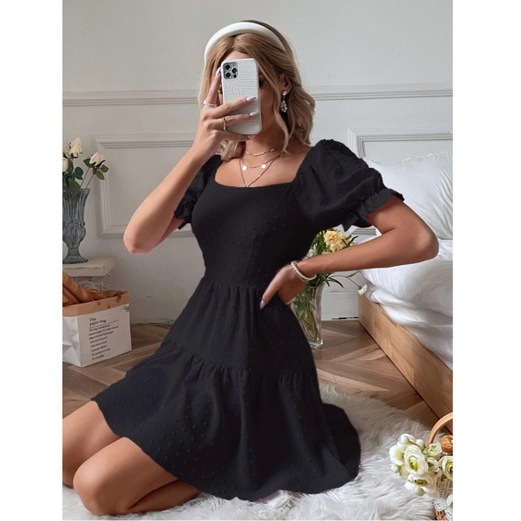 Black Mini Dress Square Neck Short Puff Sleeve Open Back Bow Ties - Picture 4 of 7